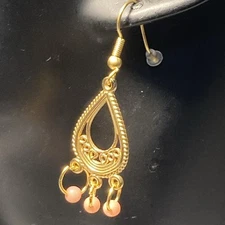 Bead Artisan gold Tone pink Dangle Drop hook Pierced Earrings OOAK 2" NEW 3-D NE