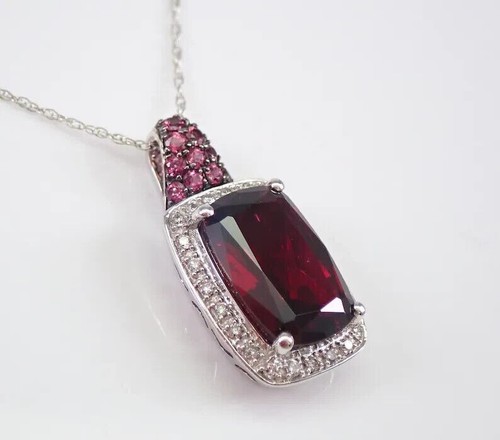2Ct Cushion Cut Lab-Created Red Garnet Halo Pendant 14K White Gold Plated 18'' - Picture 2 of 7