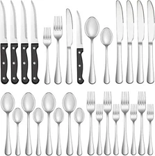 24 Pcs Silverware Set with Steak Knives Service for 24 Pieces, Silver 