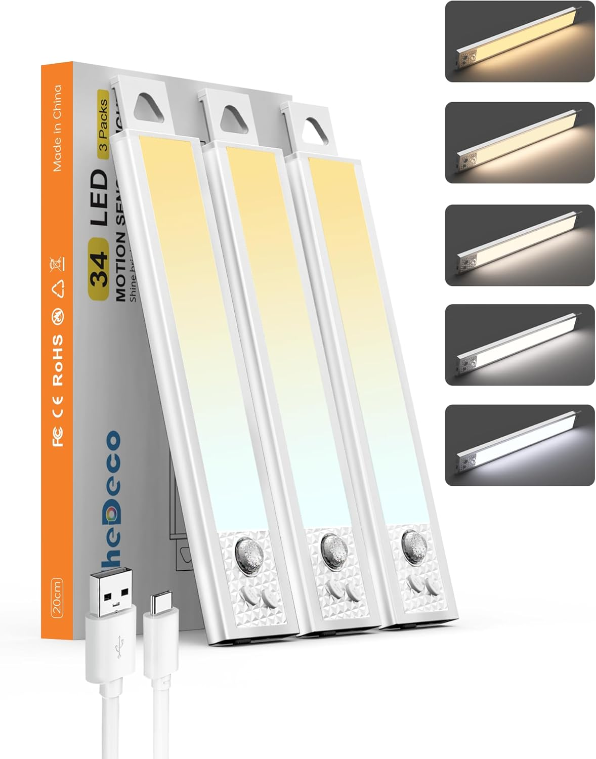 8'' under Cabinet Light 3 Packs 5CCT Dimmable, 34 LED Motion Sensor Magnetic Lig