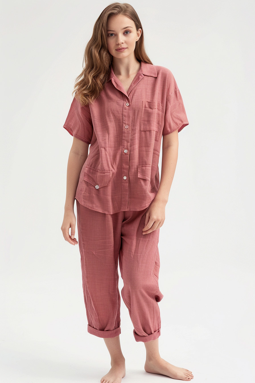 Lino Pijama Conjunto Orgánico Hecho a Mano Camisa Y Pantalón de Dos Piezas Mujer