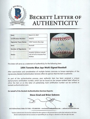 Beckett de béisbol Toronto 1994 firmado por el equipo firmado por el equipo autenticado - Imagen 5 de 5
