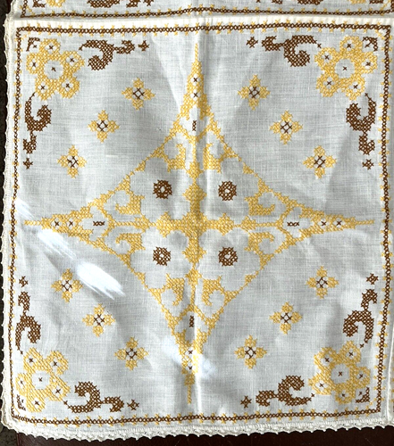 Vintage Fall Cross Stitch Tablecloth 34" Linen Yellow Brown Crochet Edge - Picture 2 of 8