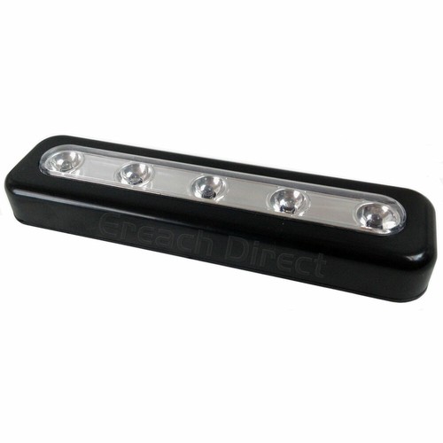 BLACK SUPER BRIGHT 5 LED PUSH LIGHT STICK ON BATTERY KITCHEN SHED CUPBOARDS - Picture 2 of 4