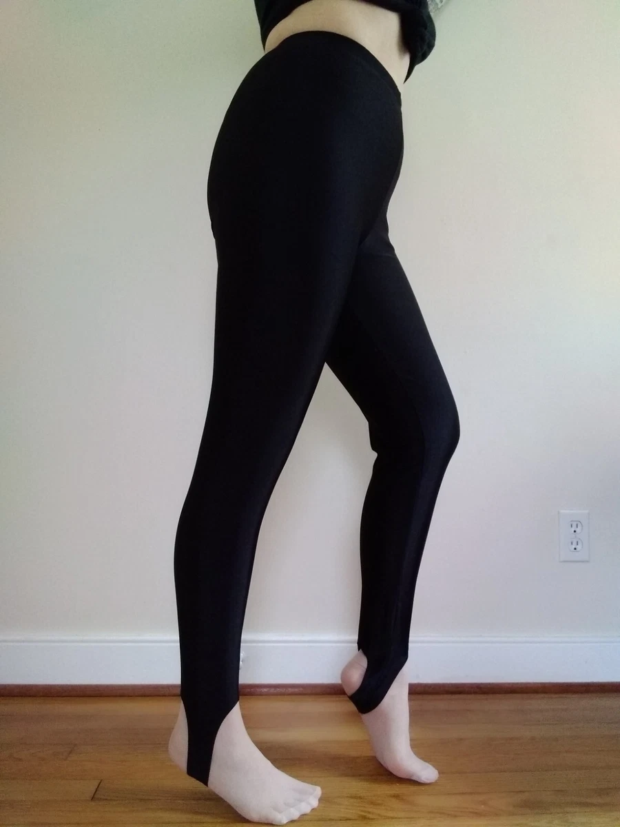 Vtg 80s Shiny black stretchy Spandex stirrup leggings dance disco aerobics  XL