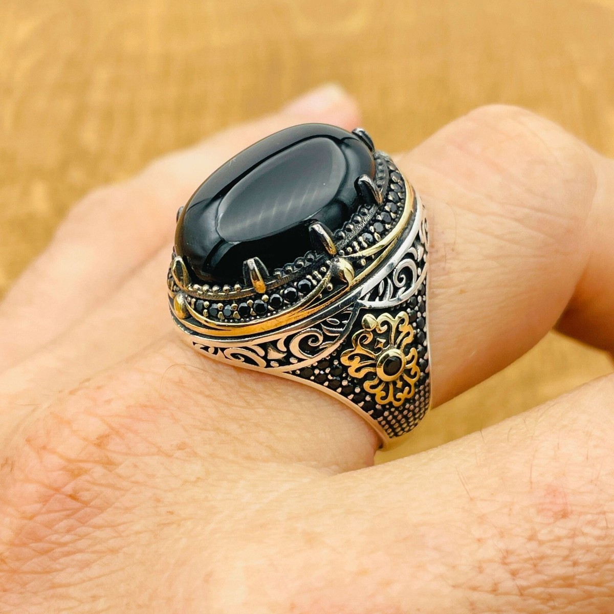 Black Onyx Oval Stone Mens Ring, 925K Sterling Silver Men Jewelry
