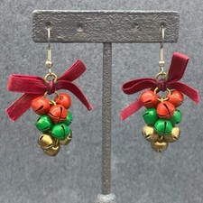 Christmas Dangle Pierced Earrings Red Bow Gold Green Jingle Bells Grapes Retro