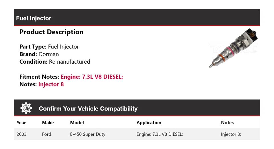Inyector de combustible Dorman diésel V8 7,3 L para Ford E-450 Super Duty 2003 Foto 2 de 4
