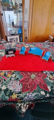 Vintage Mattel The Littles Dollhouse Blue Sofa, 2 Chairs & StoveDie-Cast Metal