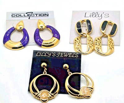 Lot of 3 Vintage Earrings - Lilly's Jewels & Collection 7 Gold-Tone, Enamel,...