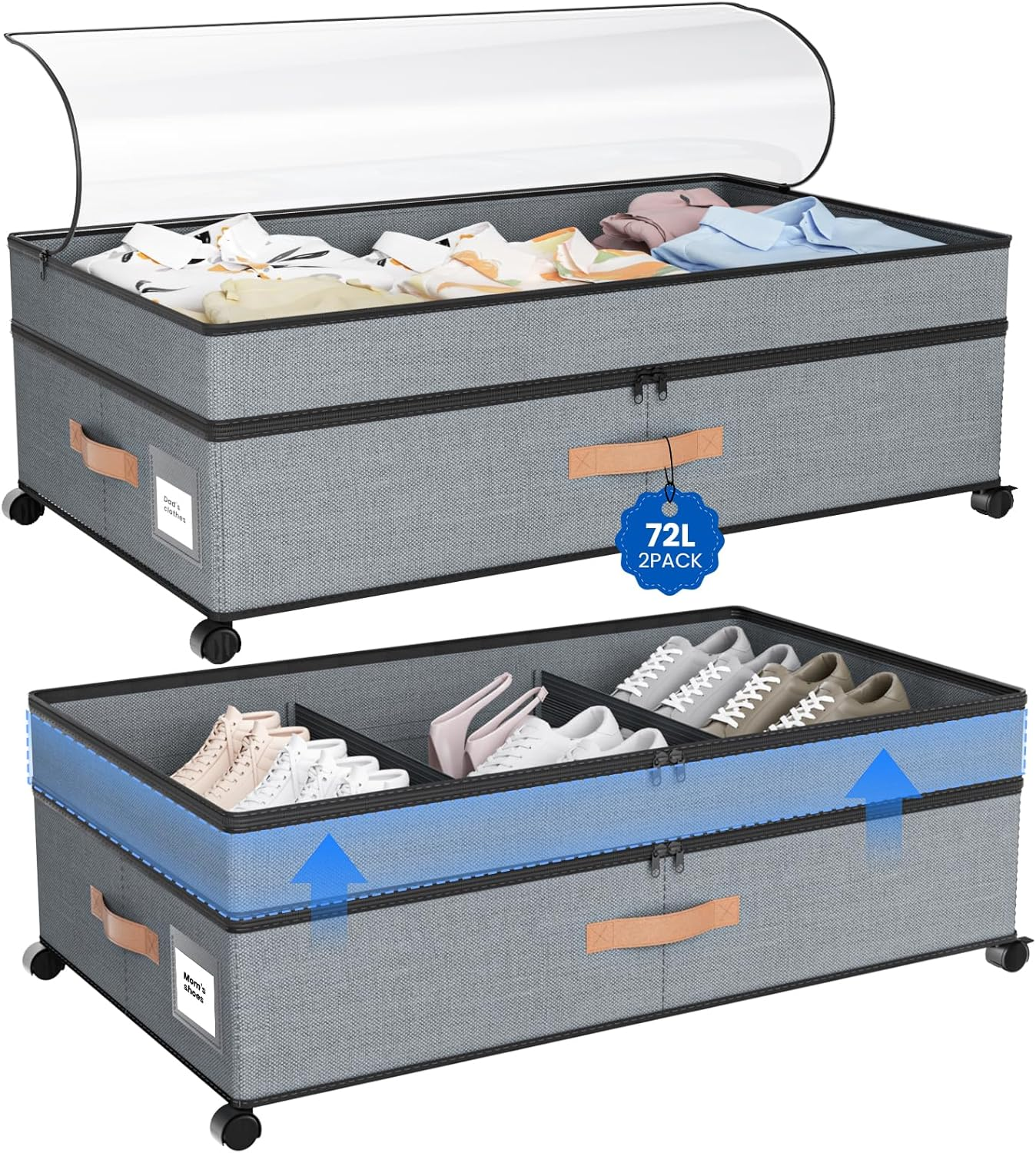 Under Bed Storage with Wheels, 2Pack 72L XXL Closet Organizers and Storage Bins-image