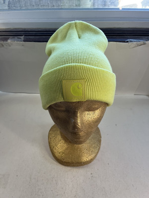 Carhartt Hat Winter Beanie Cuffed Knit Neon Yellow Leather Patch Workwear 