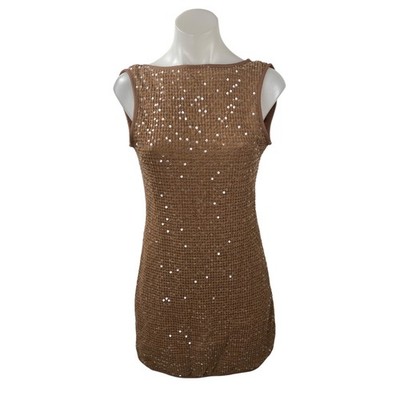 NEW Missguided Brown Sequin Boat Neck Waffle Knit Open Back Mini Dress Size S