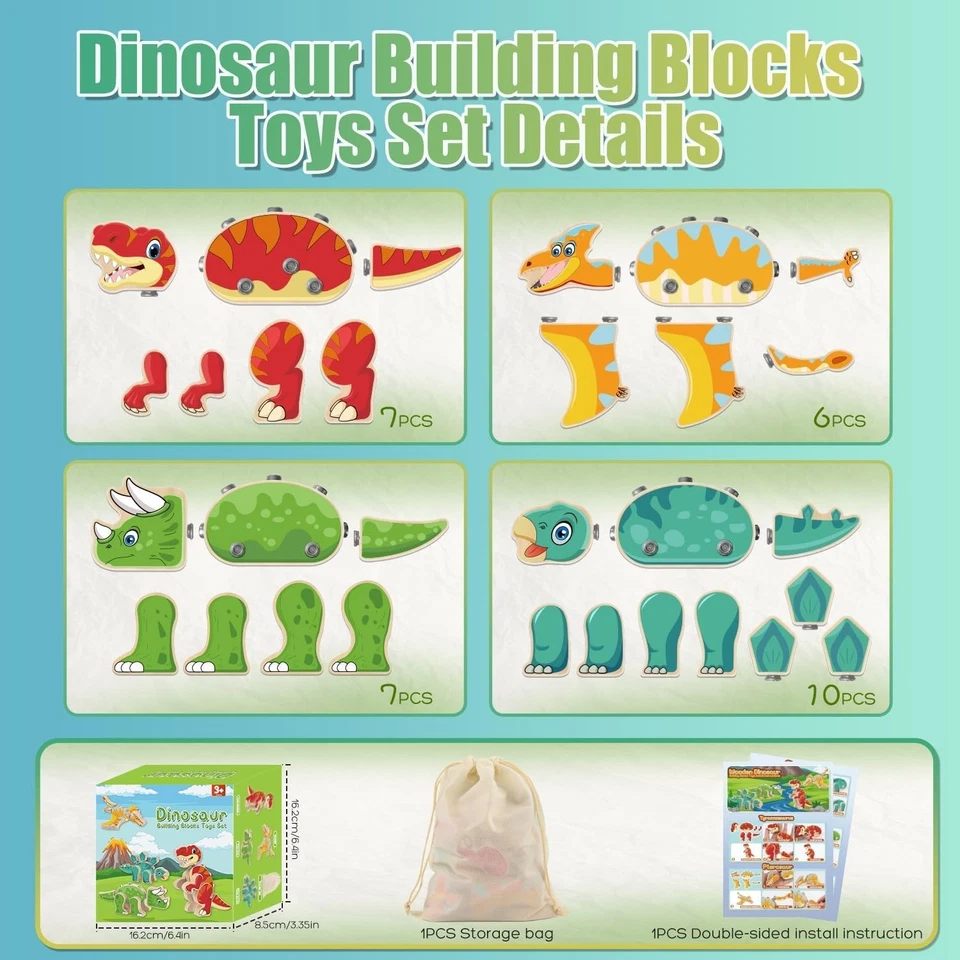 Dinosaur Building Blocks Wooden Dinosaur Toys Skills 30pcs Puzzles Building Toys - Image 4 of 4