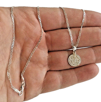 Solid 925 Sterling Silver 11mm Saint Benedict San Benito Pendant Necklace 18'' #2