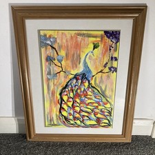 Original Peacock Acrylic Painting Framed Modern Folk Art 59x48cm