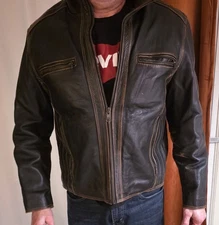 Andrew Marc New York Men's Distressed Leather Jacket  Black With Tan Stitch