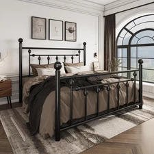 Full Size Metal Bed Frame, Victorian Style Iron-Art Headboard & Footboard, Black
