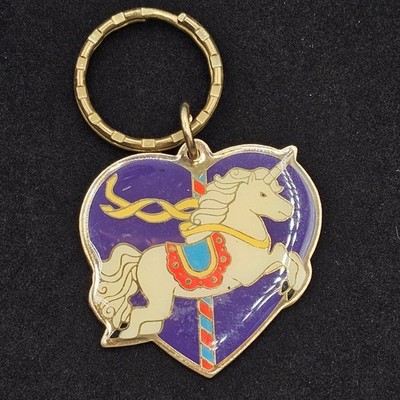 Vtg Keychain Carousel Unicorn Purple Heart Enamel Gift Creations Gold Tone