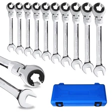 10-Piece SAE Flex-Head Ratcheting Combination Wrench Set, Fully Adjustable