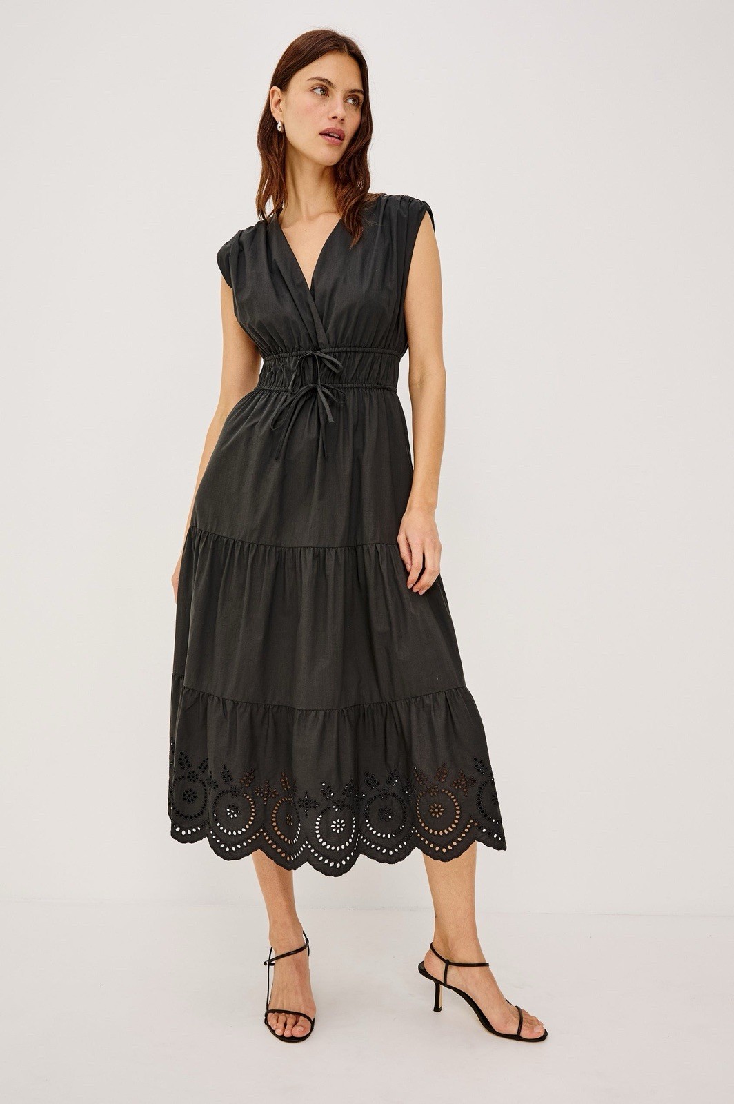 Rails LUCIA Black Eyelet V-Neck Midi Dress Embroidered Hem Size M