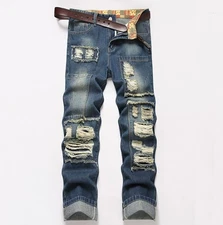 Men's Retro Blue Straight Leg Casual Pants Denim Jeans Ripped Holes Pockets Punk