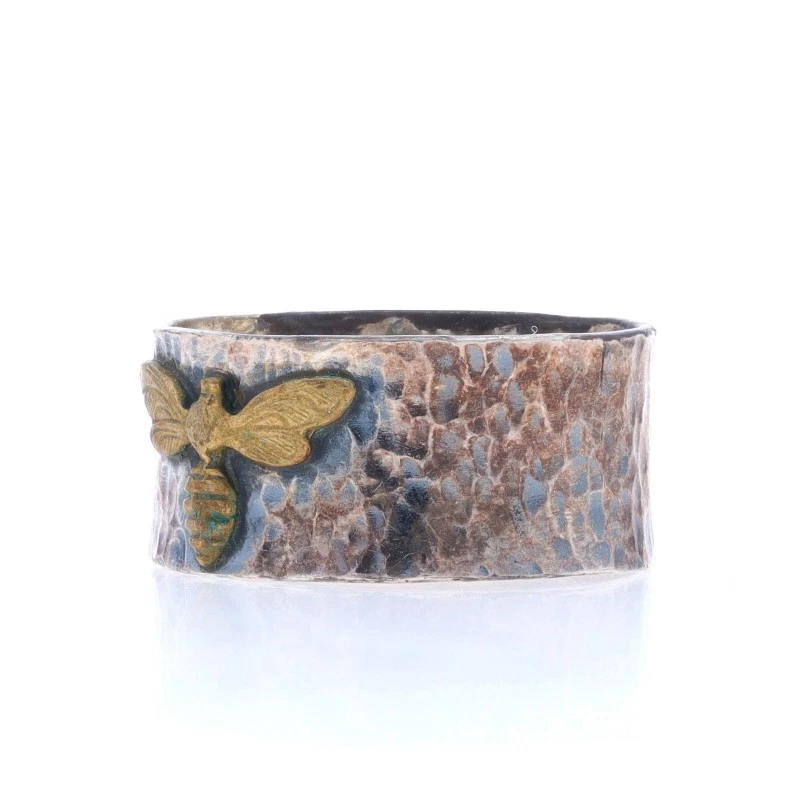 Lavender Cottage Bee Statement Band - Sterling Silver 925 Brass Nature Ring Sz 8 - Image 3 of 4