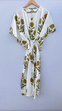 Indian White Green Floral Handmade Cotton Kaftan Maxi Dress Womens Clothing Gown