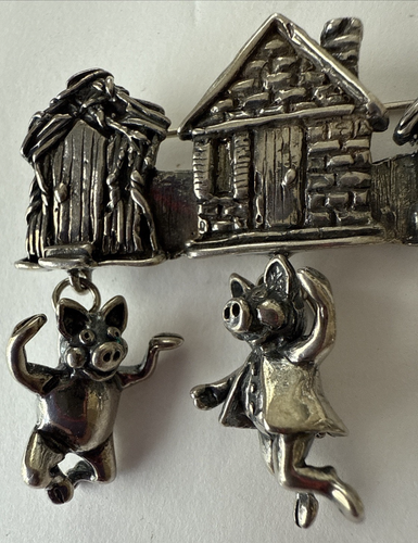 RARE 1992 Marty Magic Three Little Pigs BROOCH 3 Dangle Charm Sterling Silver - Picture 2 of 8