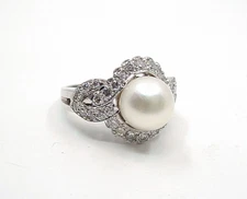 SALE--Elegant Vintage Diamond Pearl Halo Rosette 18k Statement Cocktail Ring