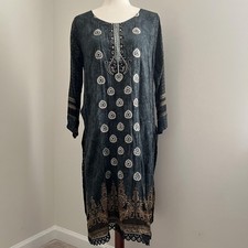 Boho Embroidered Tunic Dress Medium Teal Paisley Ethnic Print Long Sleeve Kurta