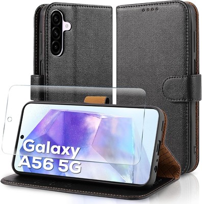 Für Samsung Galaxy A56 5G Hülle, Leder Wallet Flip Handy Cover & Displayschutz