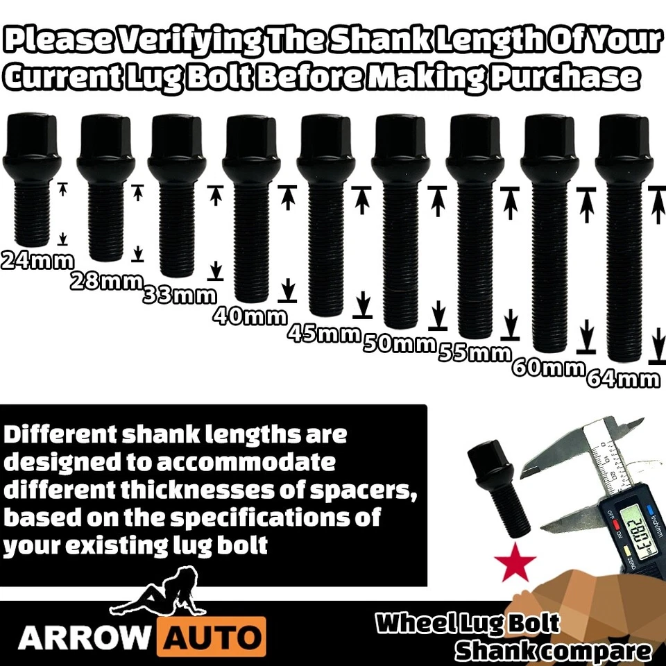 20x Black 14x1.5 Lug Bolt 50mm Fit C300/GLA250 &Mercedes StockRim 20-25mm Spacer - Image 4 of 4
