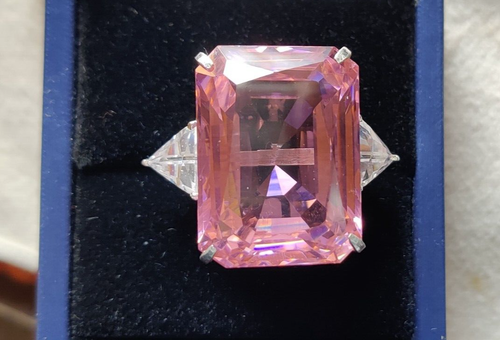 Sparkly 100ct Pink Emerald Cut Three Stone Cocktail Ring 925 Sterling Silver - Picture 2 of 9