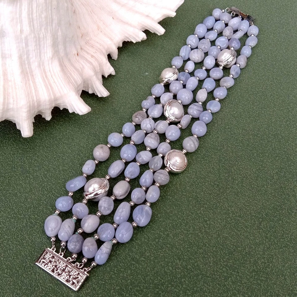 5 Strands Natural Blue Lace Agate Cultured White Pearl Beaded Bracelet - Image 4 of 4