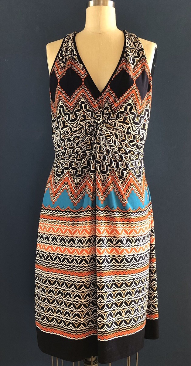 laundry by shelli segal halter dress look Zip Side Twist Front Blue Orange Tan Size 10 Painterly flowers brighten this
