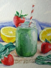 Watercolor Painting Green Smoothie Glass Drink Strawberry ACEO Art ACEO Art