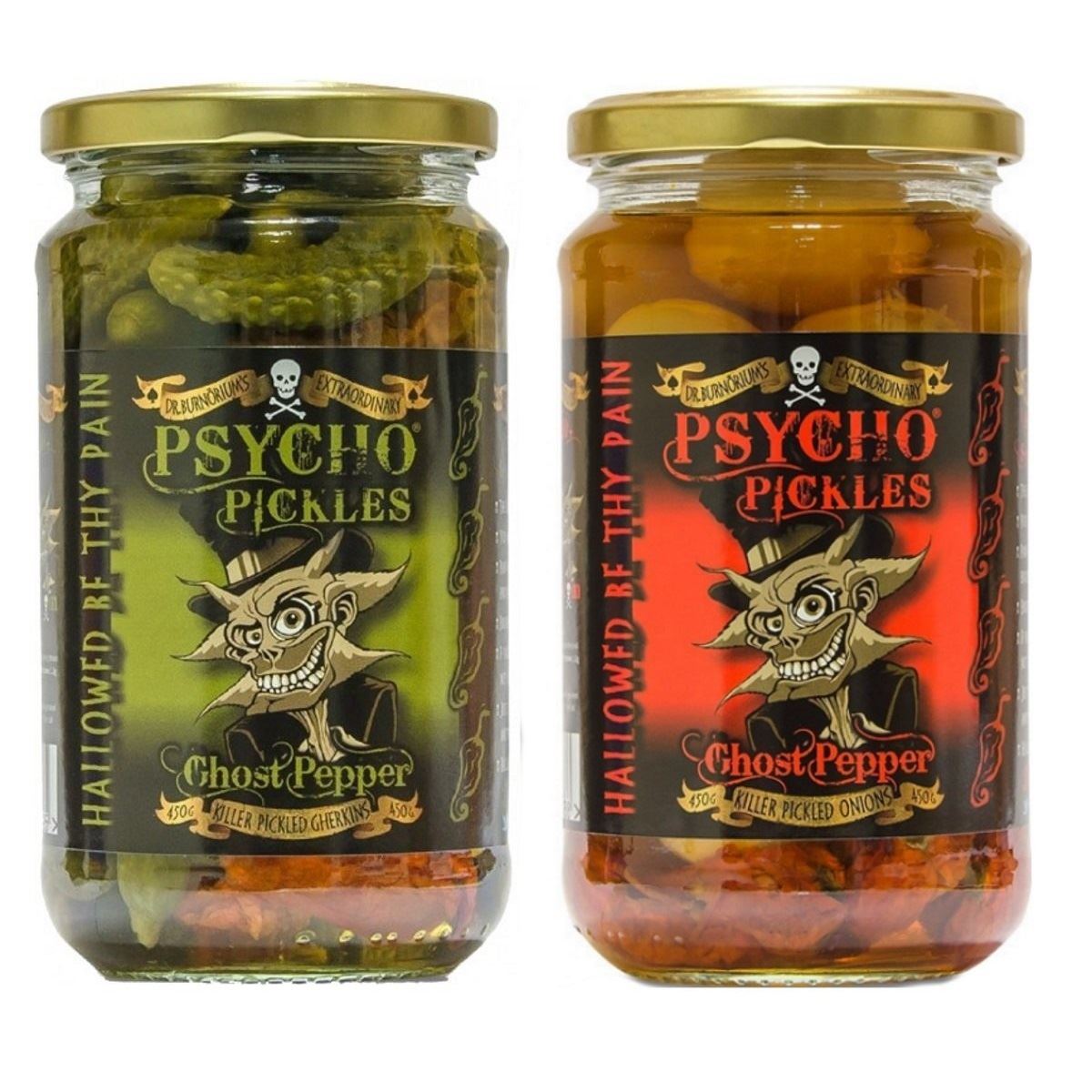 Chilli Pickled Onions Gherkins Extra Hot Ghost Pepper Psycho Juice  Set 450g