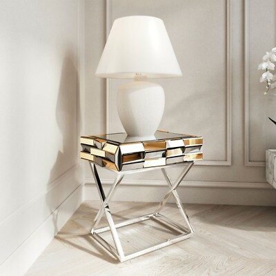 Mirrored Side Table 3D Glass Effect Drawer Chrome Crossed Legs Furniture  Gold UK