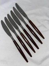 6 American Tempo Stainless Dinner Knives Japan Wood Composite MCM Flatware
