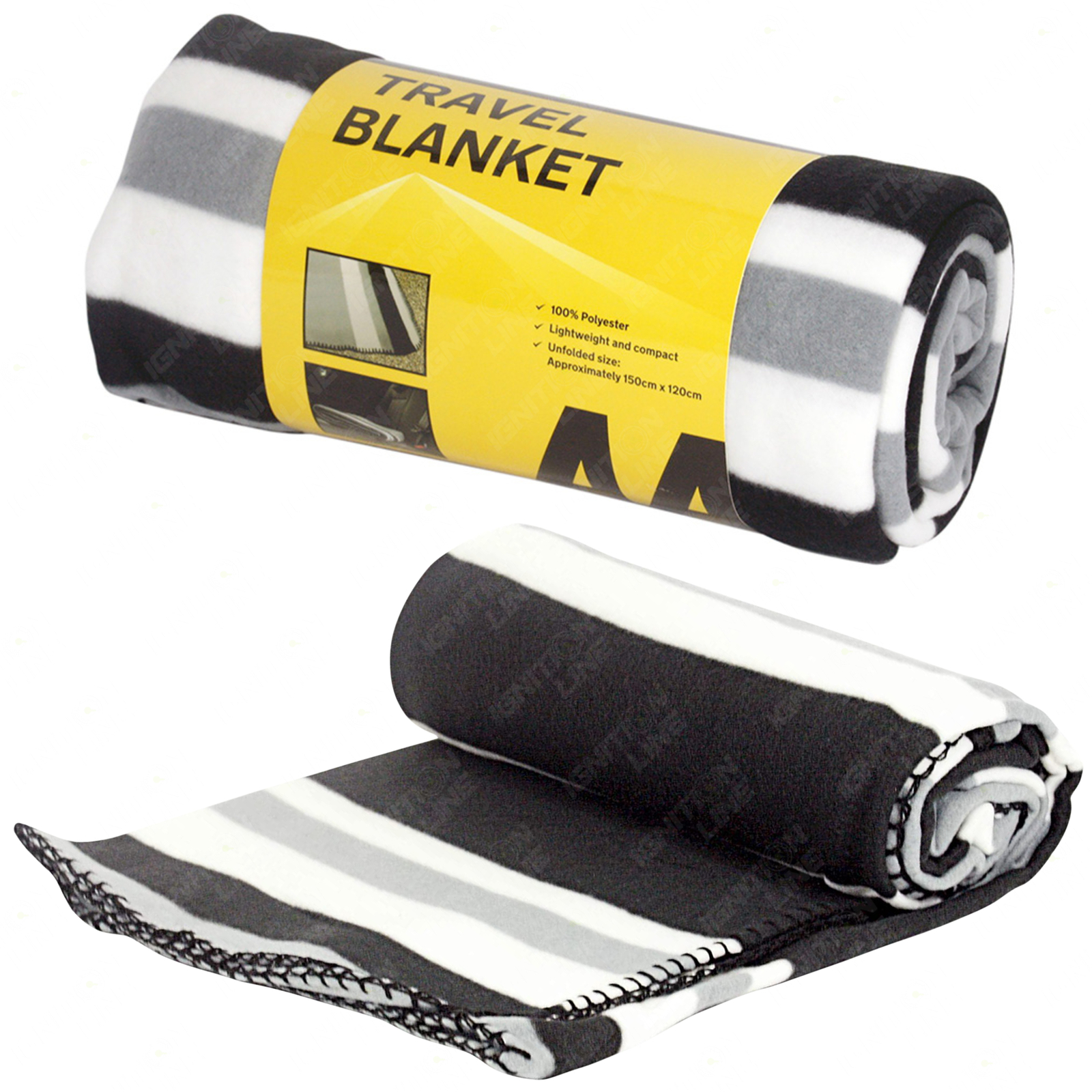 AA Travel Fleece Blanket AA3423 - 100% Lightweight Polyester 150cm x 120cm Black White Grey Stripes - Image 3