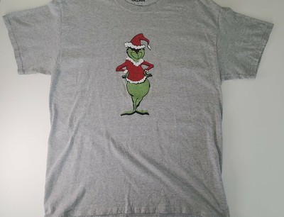 Grinch T-shirt Grey SZ LRG W/Large Grinch on Front (Glitter) Gildan 