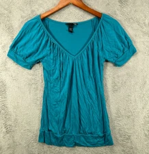 H&M Womens XS Tops Blue V Neck Shirt Gathered Puff Sleeve Rayon Knit Stretch