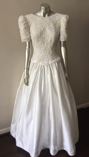 Sweetheart Halter Pearl Lace Tafetta White Bustle Train Wedding Gown Dress Sz 6 - Picture 2 of 7