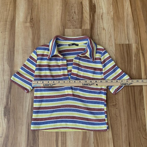 Zara Ribbed Knit Retro Stripe Cropped Polo Shirt S Blue Yellow Maroon - Picture 2 of 9