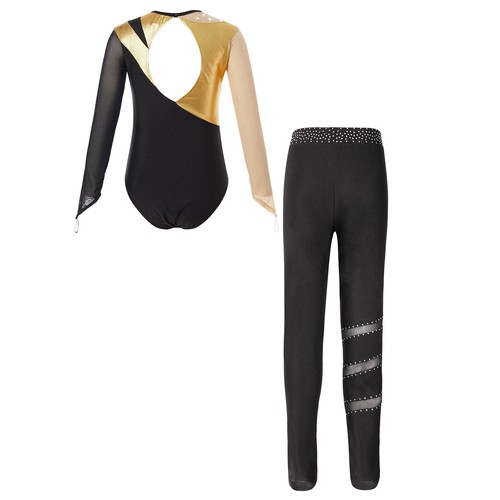 Kids Girls Tracksuit Keyhole Back Outfit Metallic Set Dance Leggings Mesh 2pcs - Picture 9 of 74