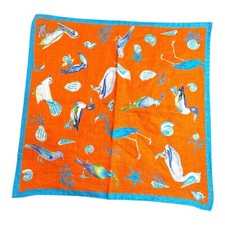 Rare Peter Millar Tropical Bird Linen Pocket Square Handkerchief Scarf Orange