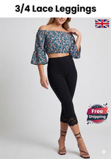 WOMEN LADIES CAPRI SOFT 3/4 CROPPED LACE TRIM LEGGINGS STRETCHY COMFY PANTS