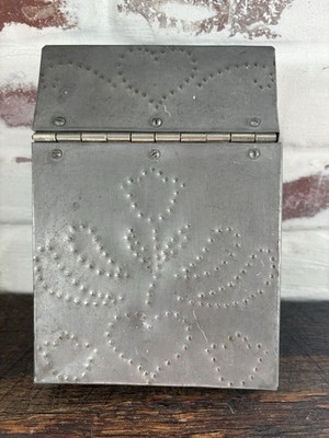 VTG Punch Tin Slant Lid Container Box Rare Country Primitive Storage Decor Read