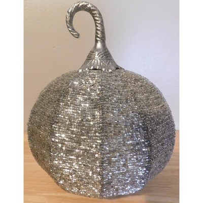 Halloween Thanksgiving Jeweled Seed Glass Pumpkin with Metal Stem